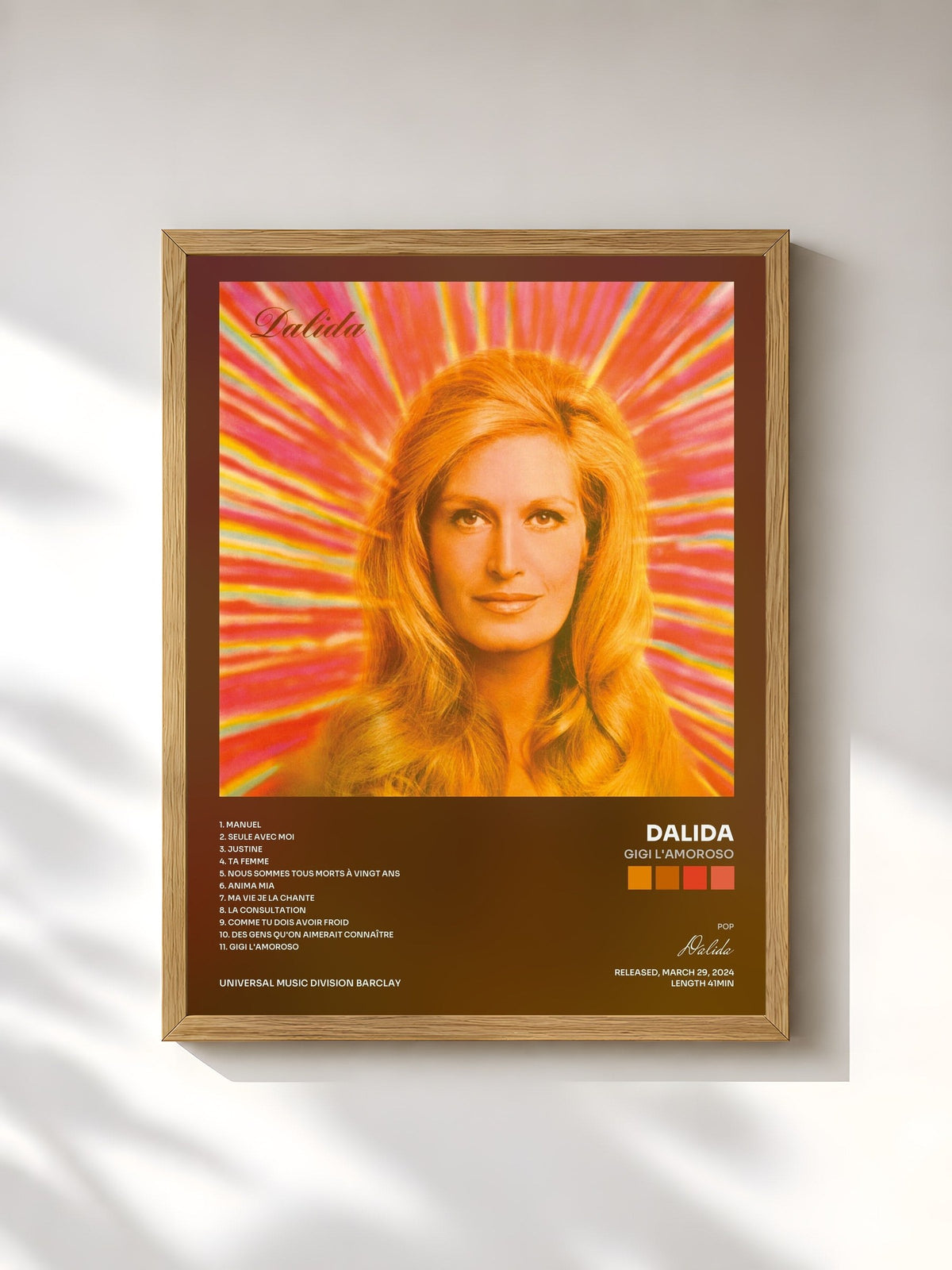 #bois Tableau de l'album Gigi l'amoroso de Dalida, cadre en bois brut, imprimé et encadré en France