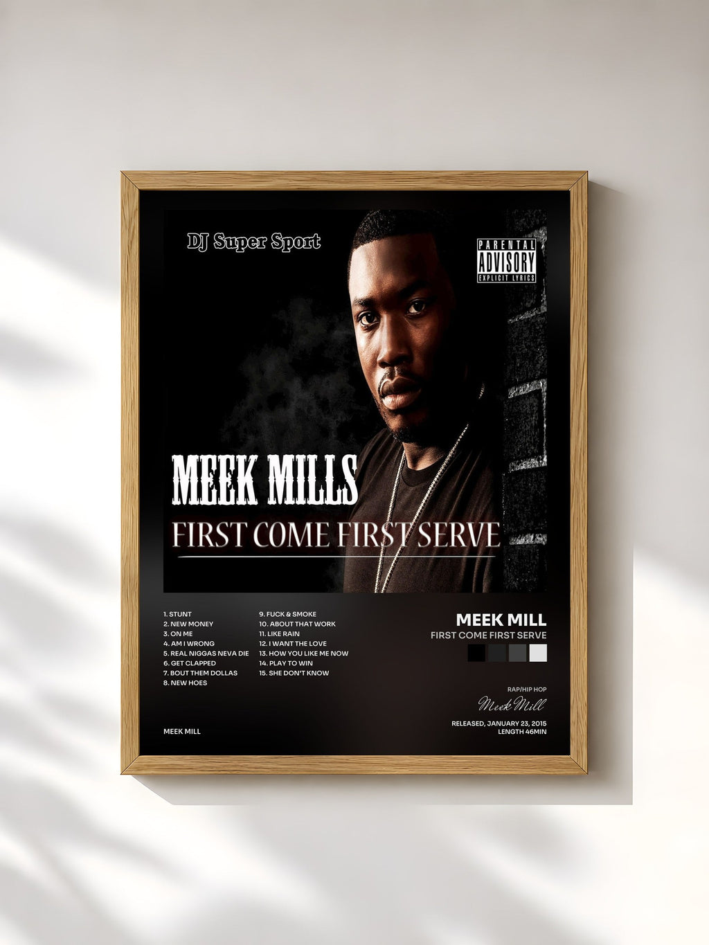 #bois Tableau de l'album First Come First Serve de Meek Mill, cadre en bois brut, imprimé et encadré en France