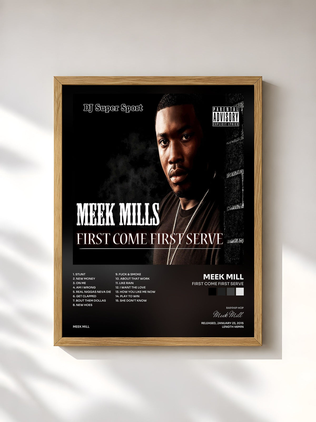 #bois Tableau de l'album First Come First Serve de Meek Mill, cadre en bois brut, imprimé et encadré en France