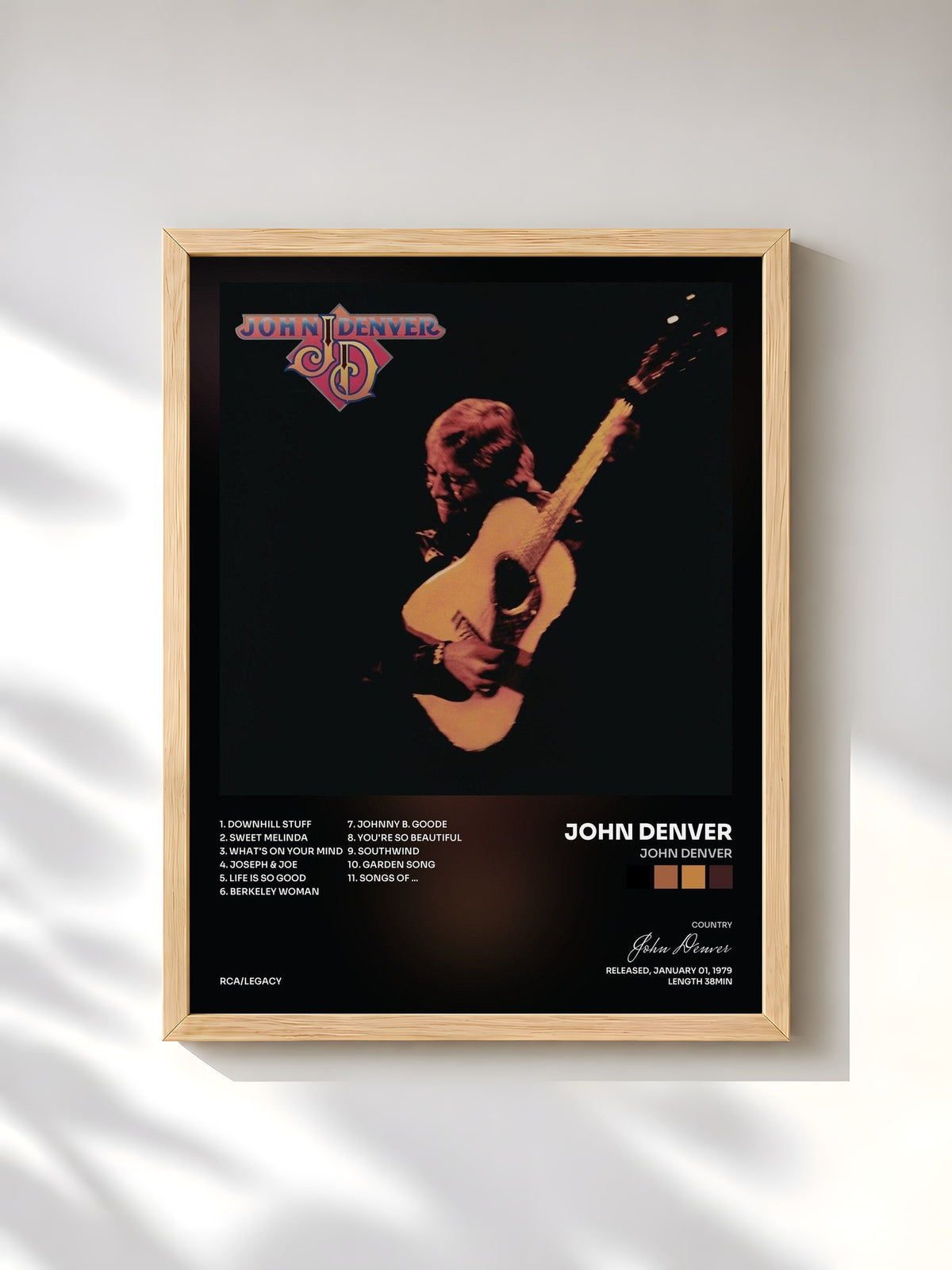 #bois Tableau de l'album John Denver de John Denver, cadre en bois brut, imprimé et encadré en France
