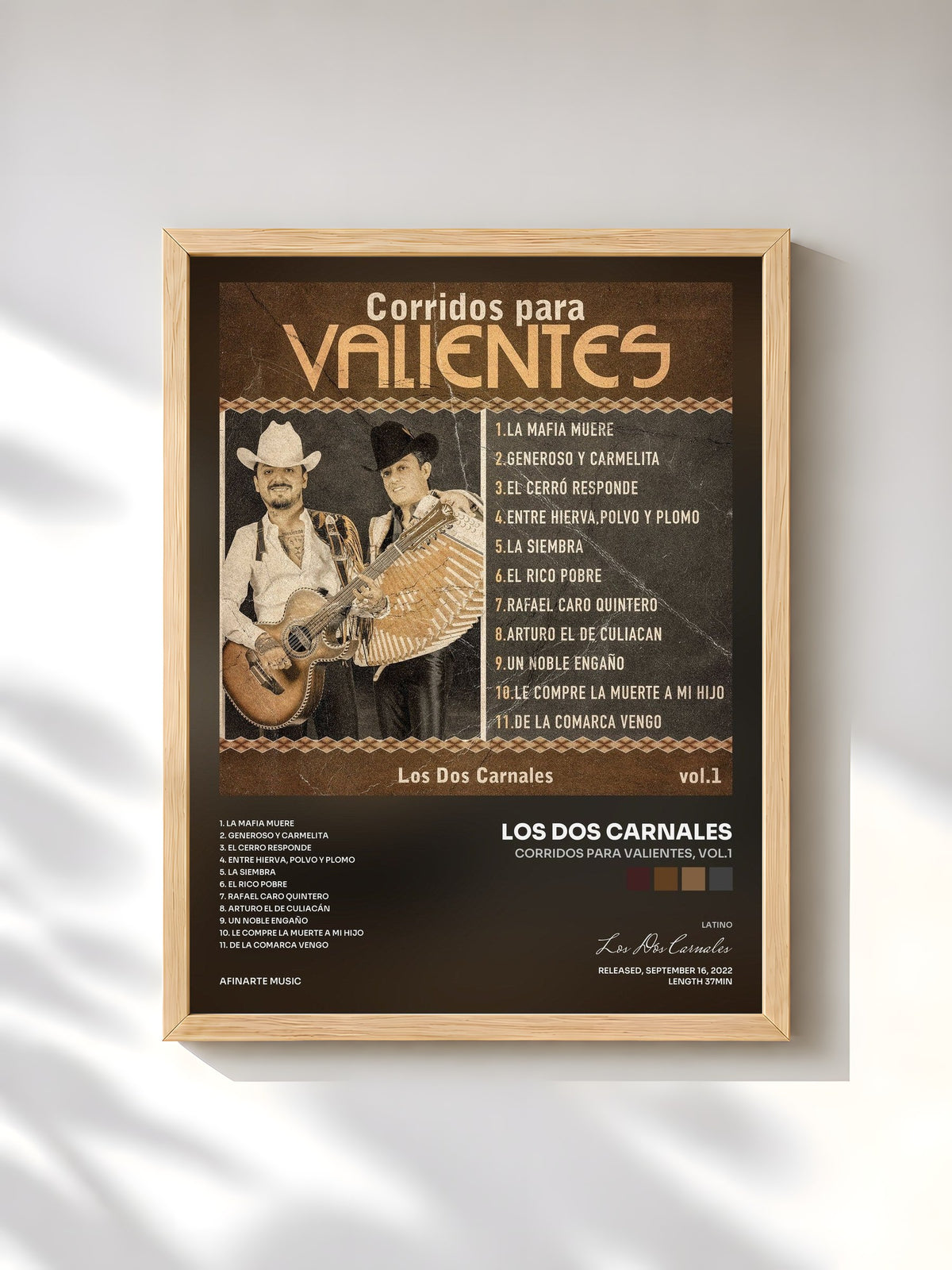 #bois Tableau de l'album Corridos Para Valientes, Vol.1 de Los Dos Carnales, cadre en bois brut, imprimé et encadré en France