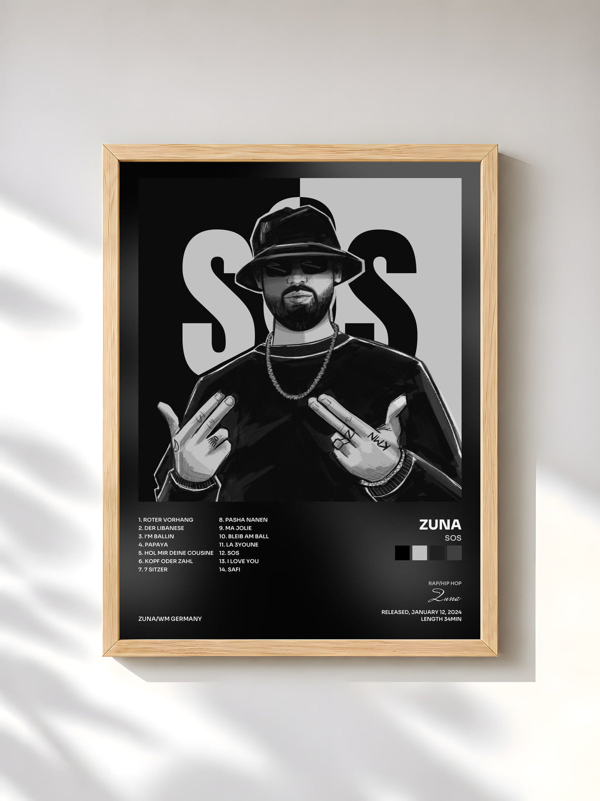 #bois Tableau de l'album SOS de Zuna, cadre en bois brut, imprimé et encadré en France