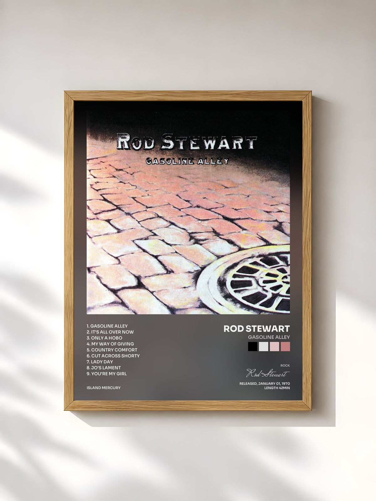 #bois Tableau de l'album Gasoline Alley de Rod Stewart, cadre en bois brut, imprimé et encadré en France