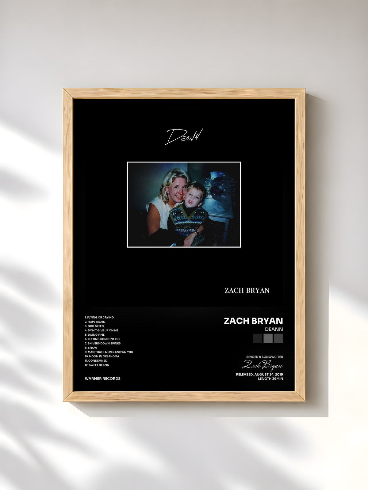 #bois Tableau de l'album DeAnn de Zach Bryan, cadre en bois brut, imprimé et encadré en France