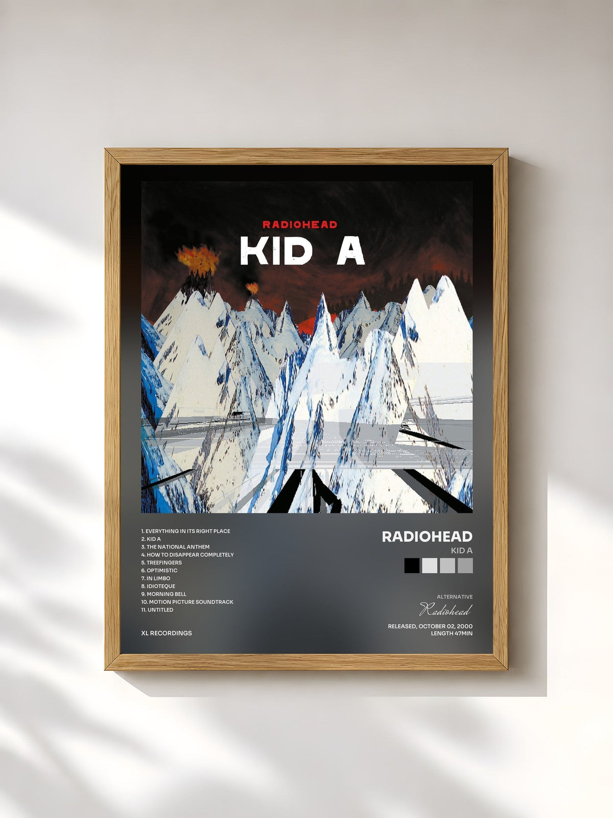 #bois Tableau de l'album Kid A de Radiohead, cadre en bois brut, imprimé et encadré en France