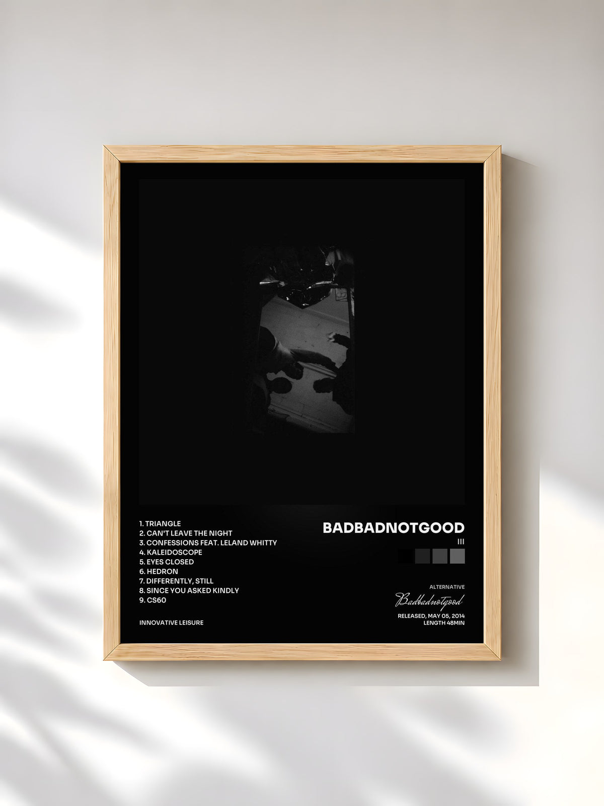 #bois Tableau de l'album III de Badbadnotgood, cadre en bois brut, imprimé et encadré en France