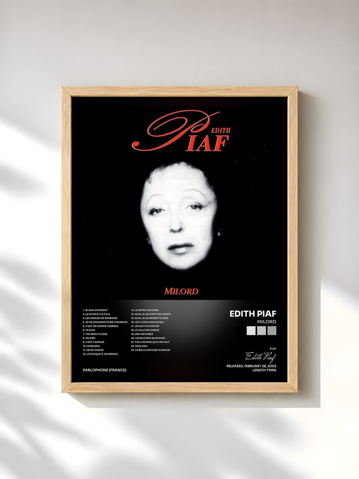 #bois Tableau de l'album milord de Edith Piaf, cadre en bois brut, imprimé et encadré en France