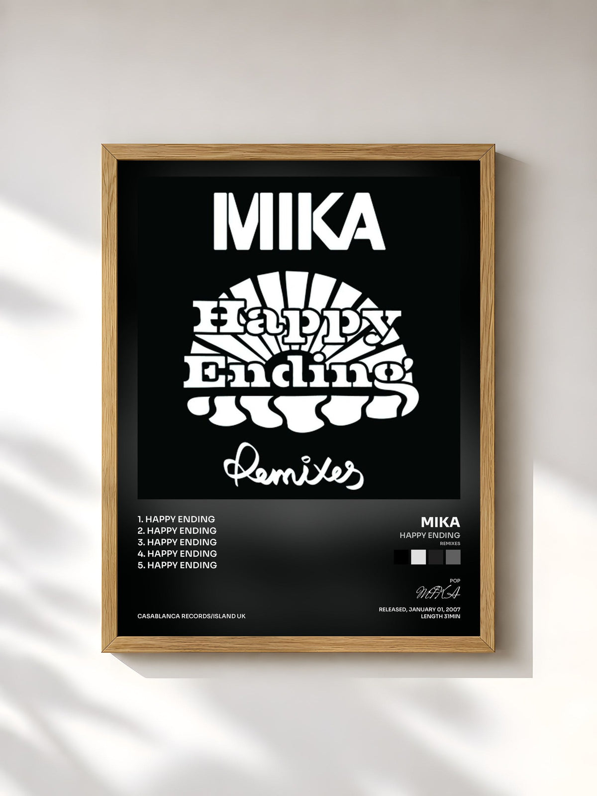 #bois Tableau de l'album Happy Ending (Remixes) de MIKA, cadre en bois brut, imprimé et encadré en France