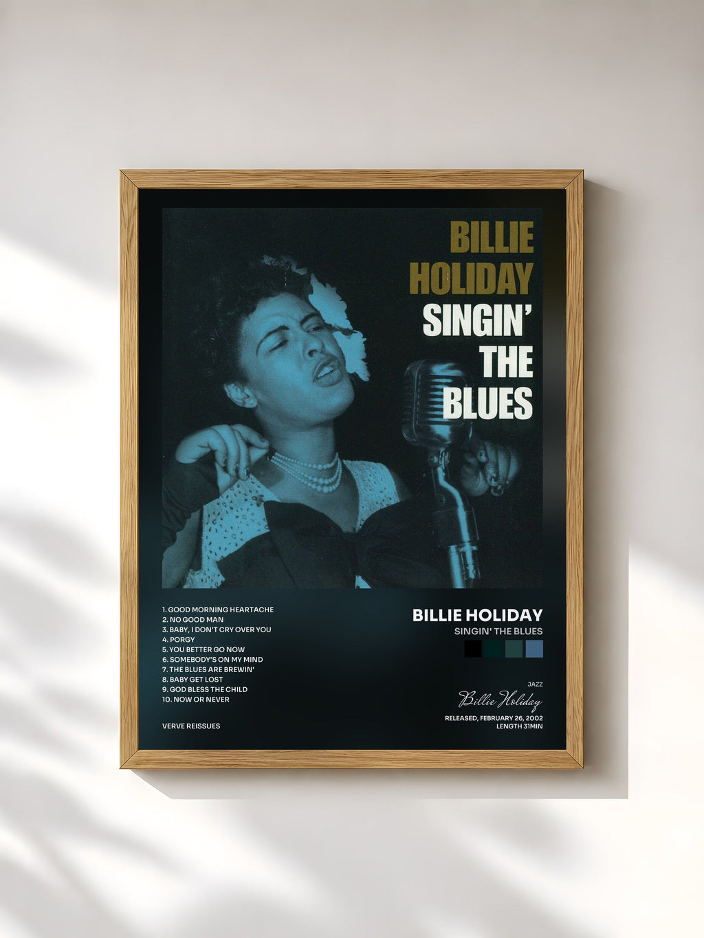#bois Tableau de l'album Singin' The Blues de Billie Holiday, cadre en bois brut, imprimé et encadré en France