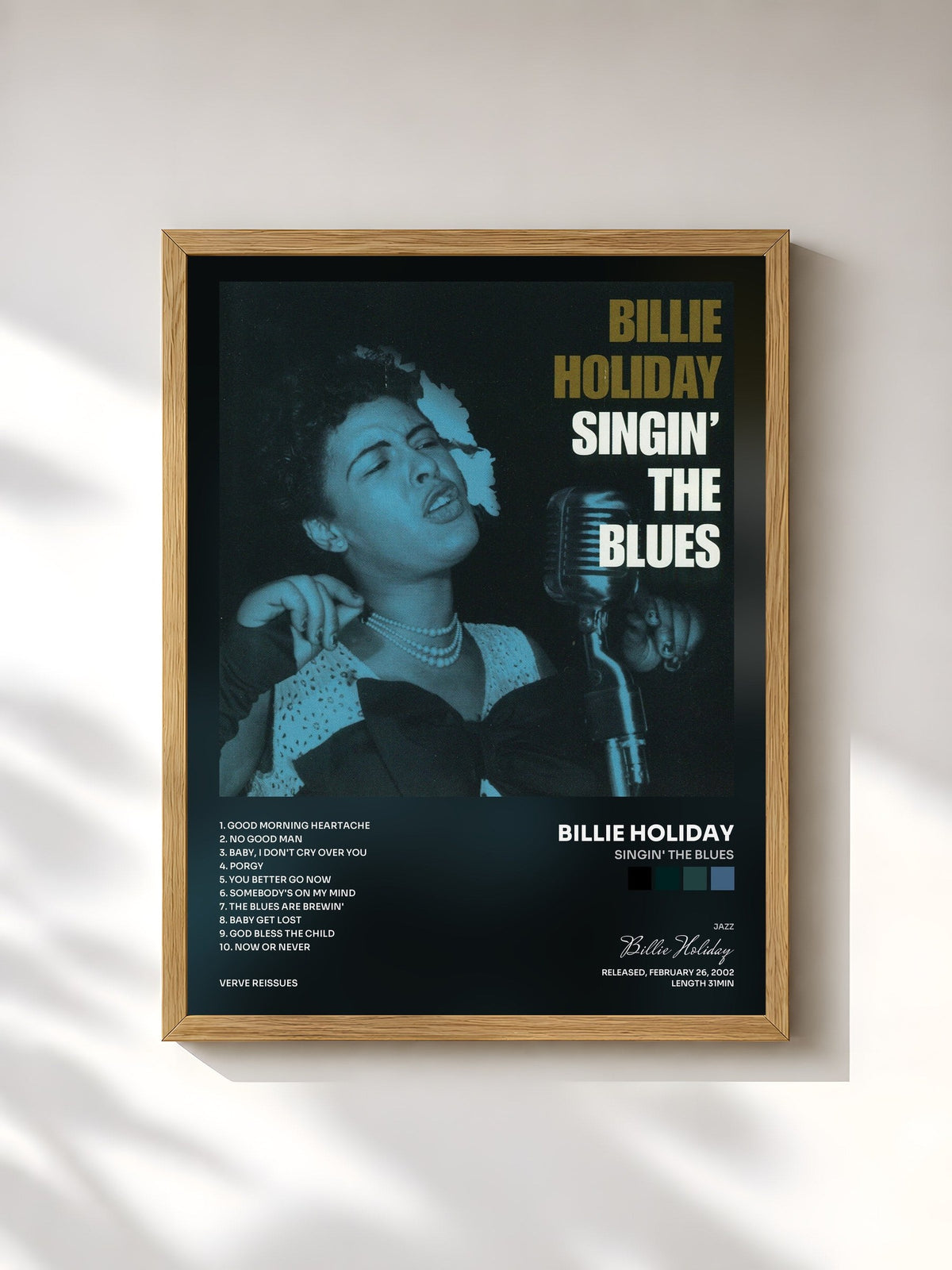 #bois Tableau de l'album Singin' The Blues de Billie Holiday, cadre en bois brut, imprimé et encadré en France