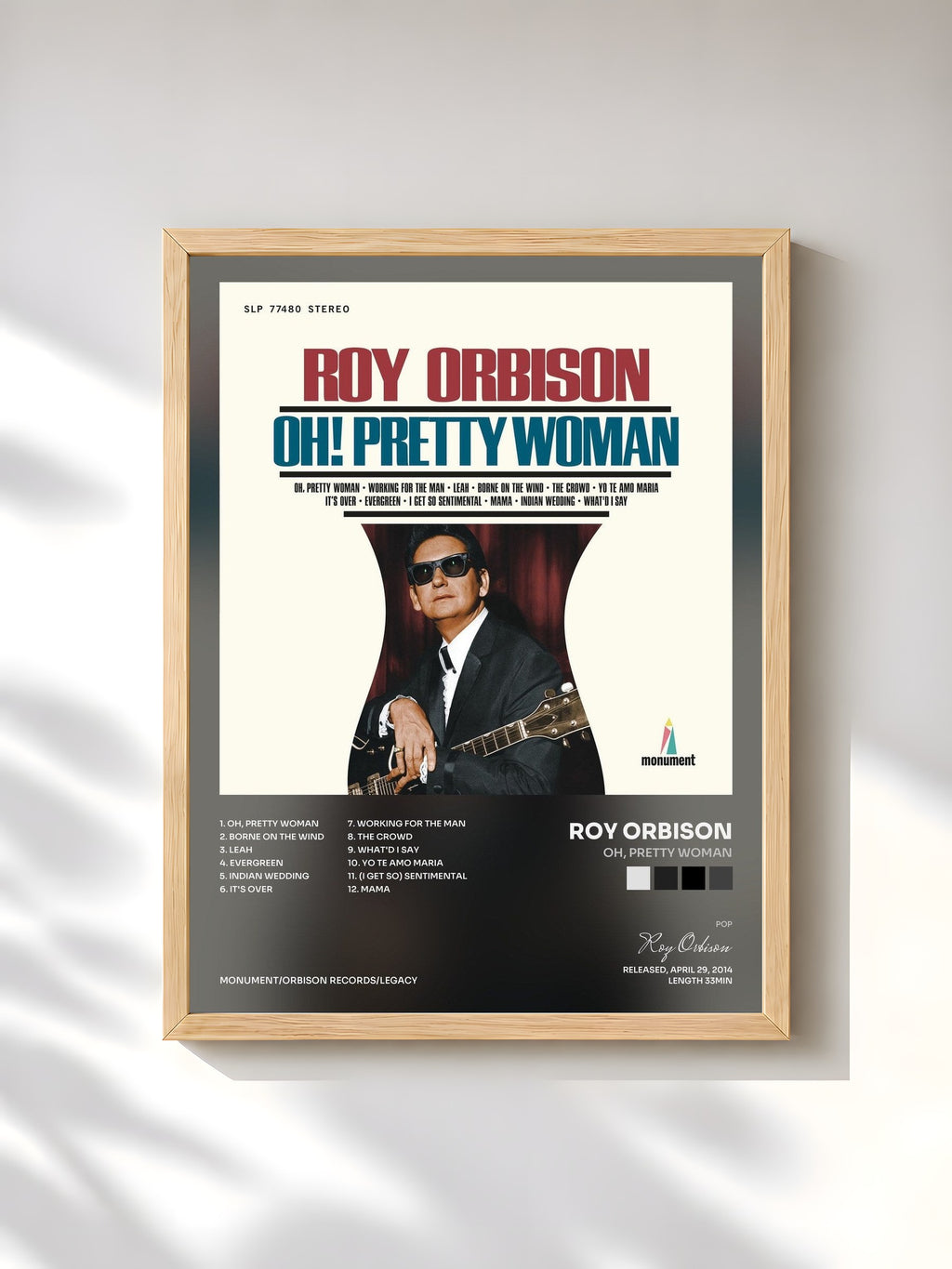 #bois Tableau de l'album Oh, Pretty Woman de Roy Orbison, cadre en bois brut, imprimé et encadré en France