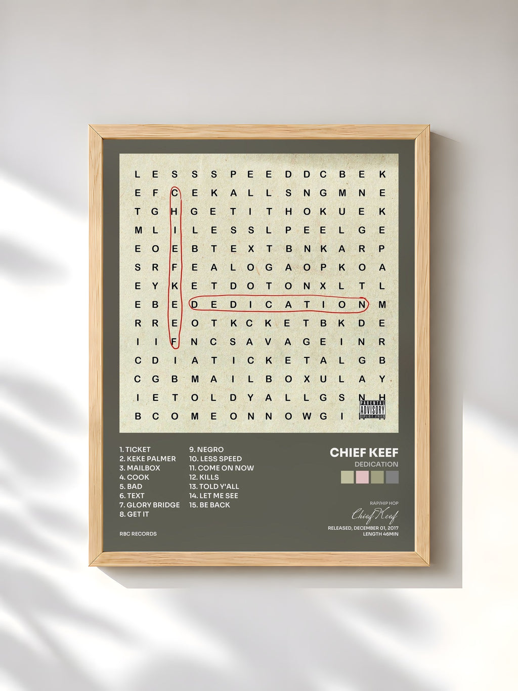 #bois Tableau de l'album Dedication de Chief Keef, cadre en bois brut, imprimé et encadré en France