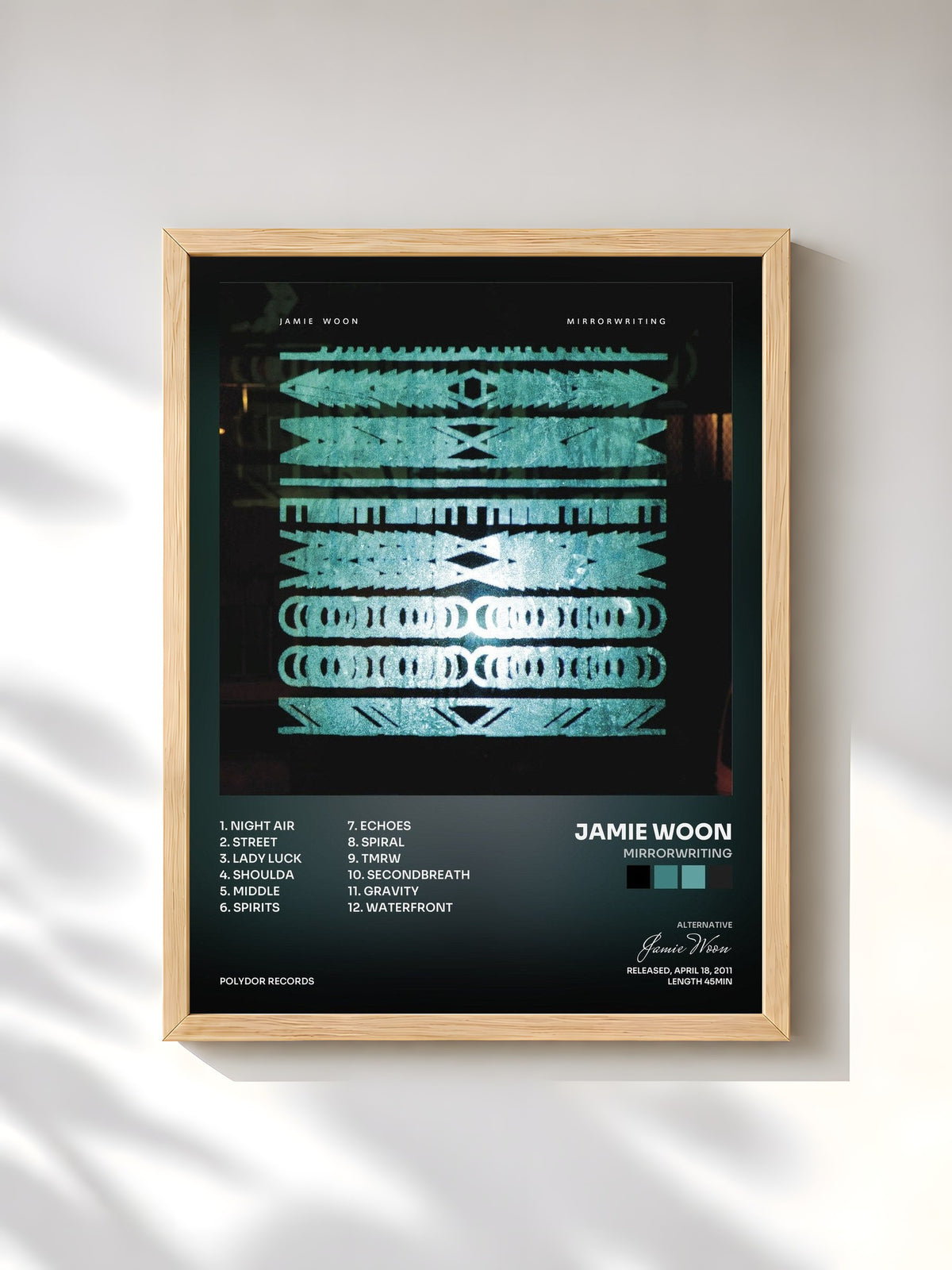 #bois Tableau de l'album Mirrorwriting de Jamie Woon, cadre en bois brut, imprimé et encadré en France