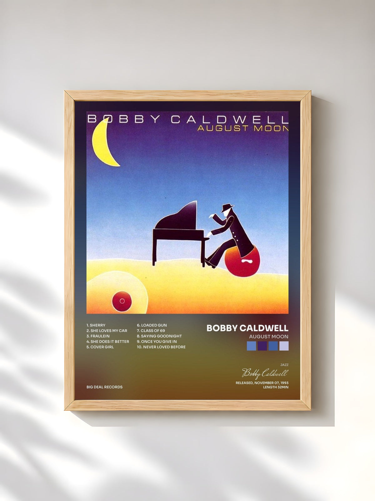 #bois Tableau de l'album August Moon de Bobby Caldwell, cadre en bois brut, imprimé et encadré en France