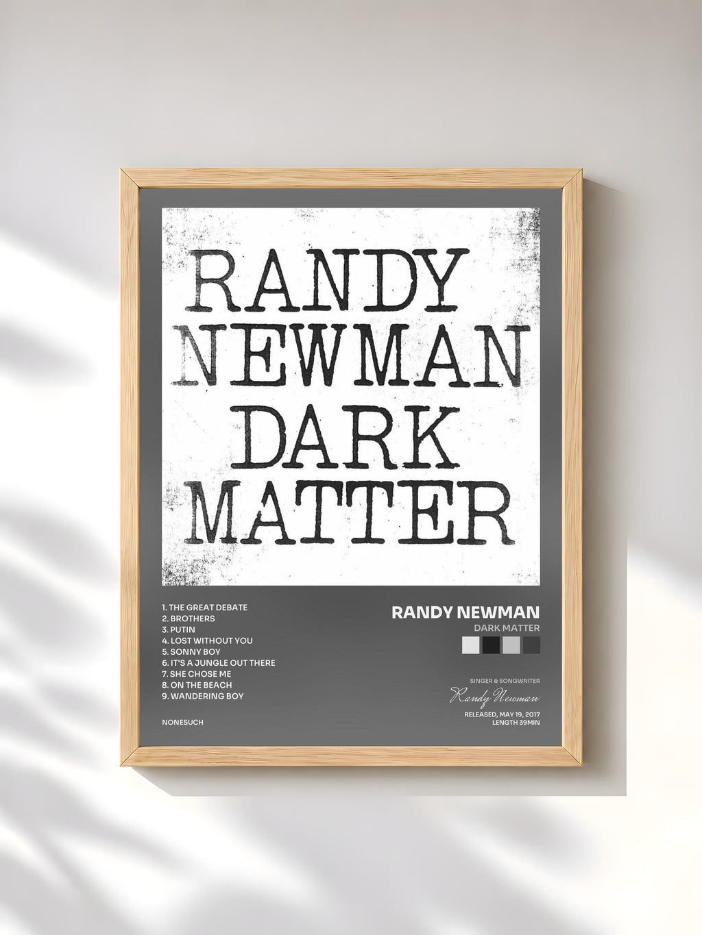#bois Tableau de l'album Dark Matter de Randy Newman, cadre en bois brut, imprimé et encadré en France