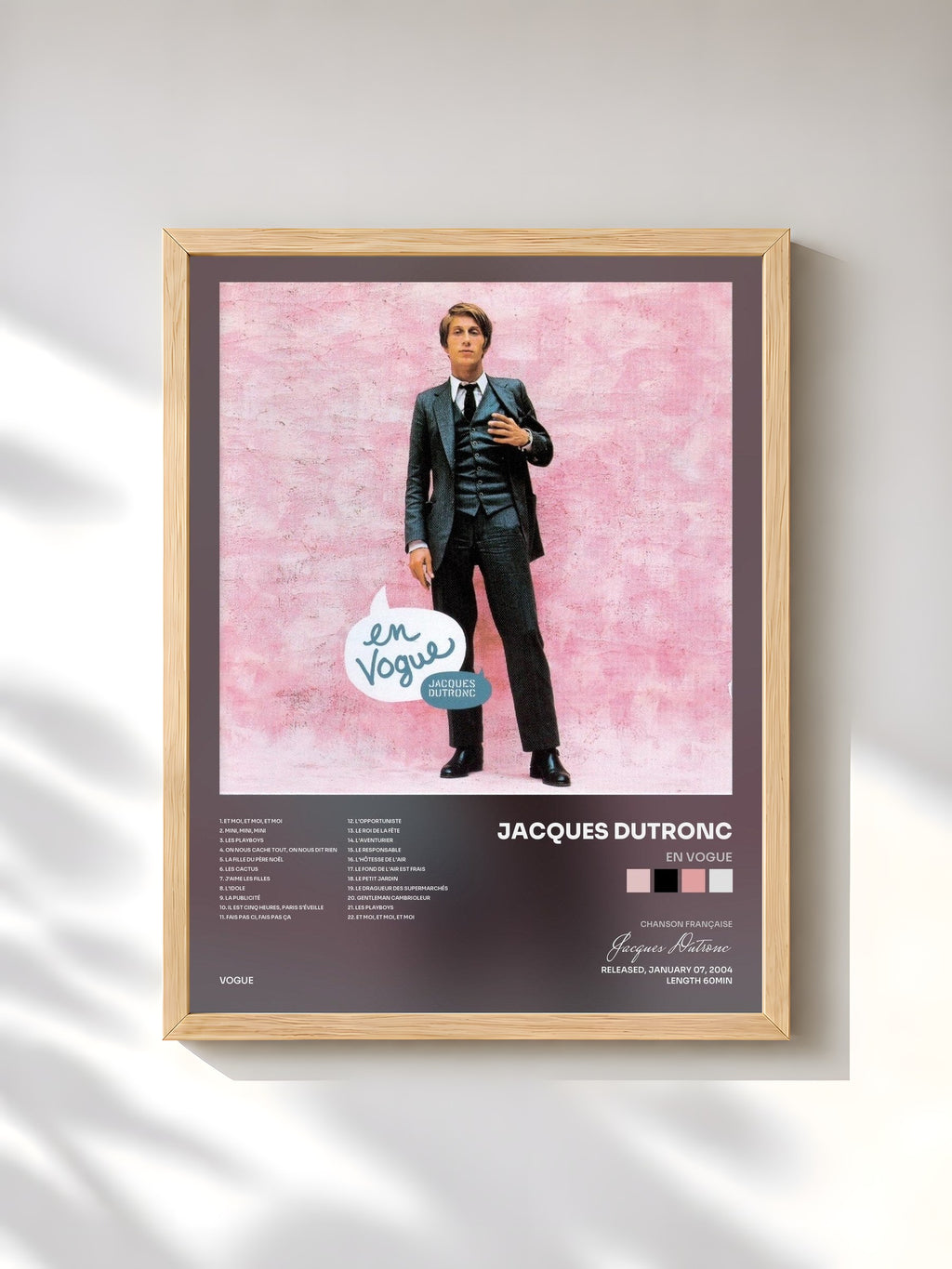 #bois Tableau de l'album En Vogue de Jacques Dutronc, cadre en bois brut, imprimé et encadré en France