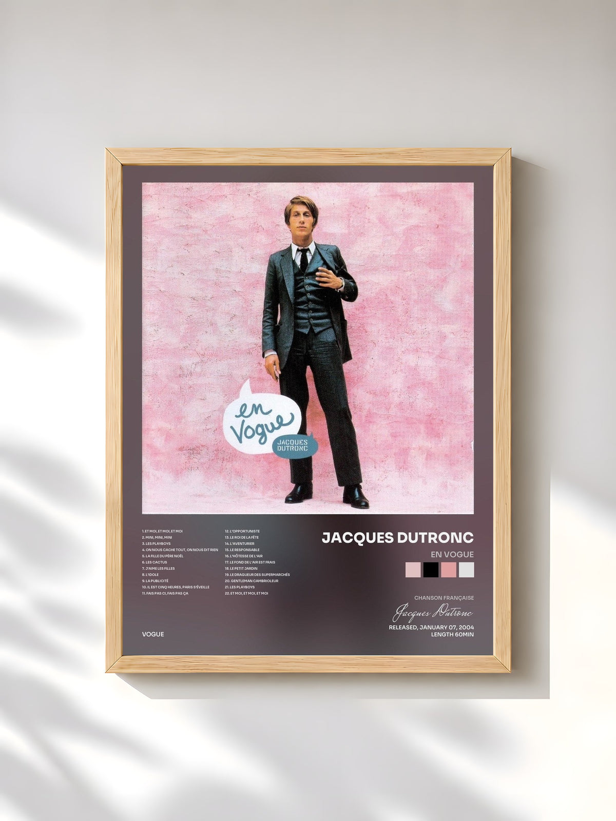 #bois Tableau de l'album En Vogue de Jacques Dutronc, cadre en bois brut, imprimé et encadré en France