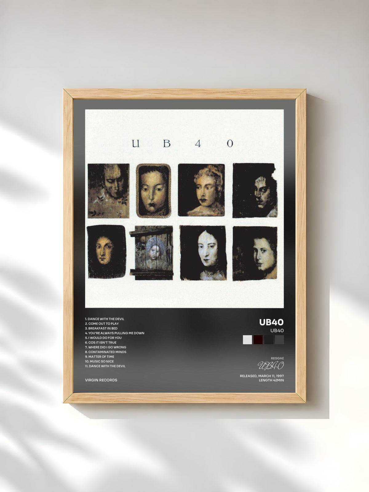 #bois Tableau de l'album UB40 de UB40, cadre en bois brut, imprimé et encadré en France