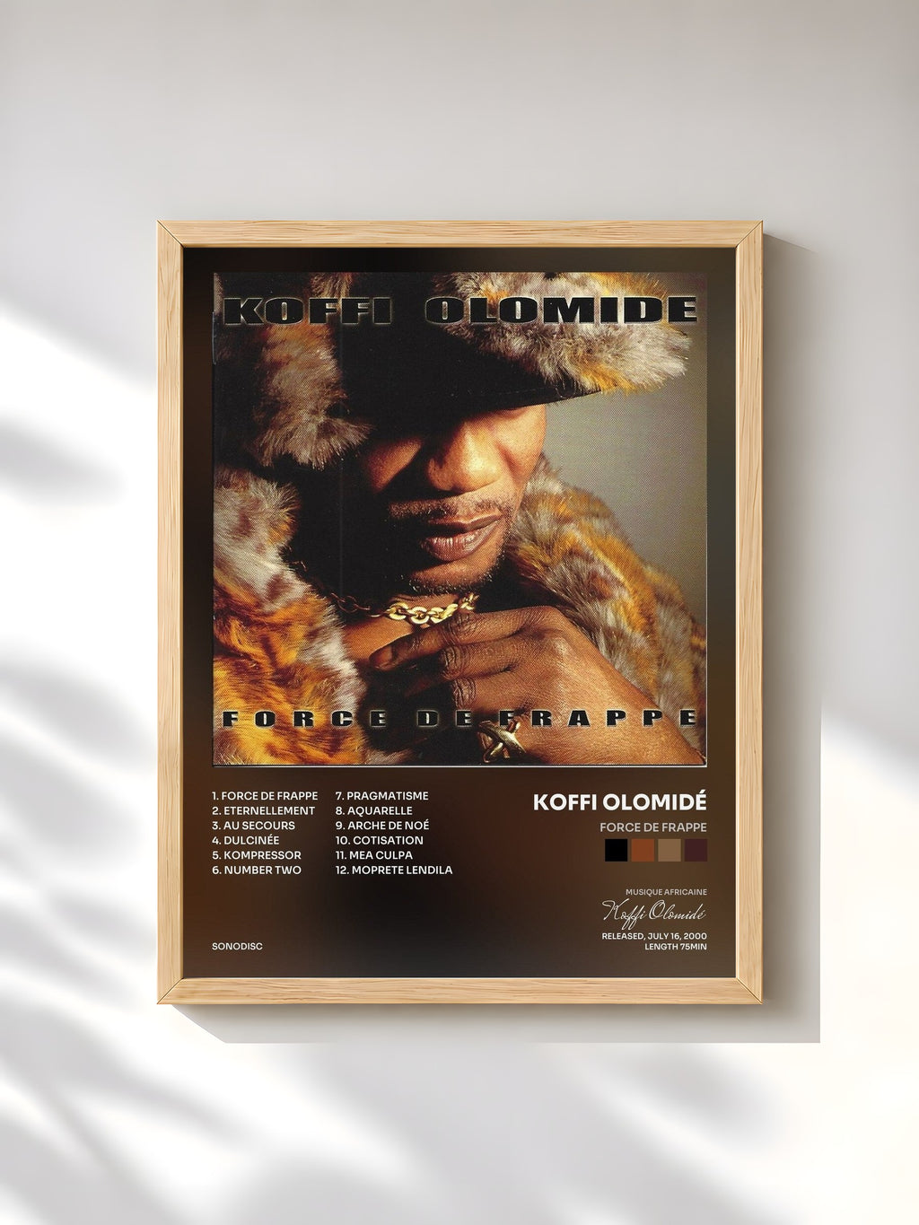 #bois Tableau de l'album Force de frappe de Koffi Olomidé, cadre en bois brut, imprimé et encadré en France