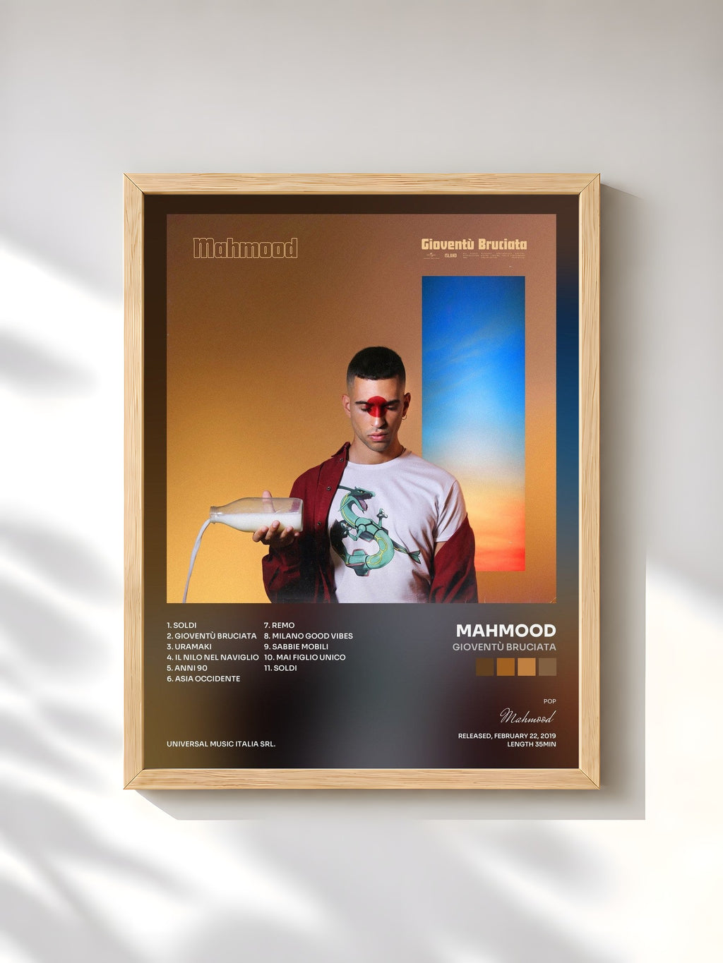 #bois Tableau de l'album Gioventù Bruciata de Mahmood, cadre en bois brut, imprimé et encadré en France