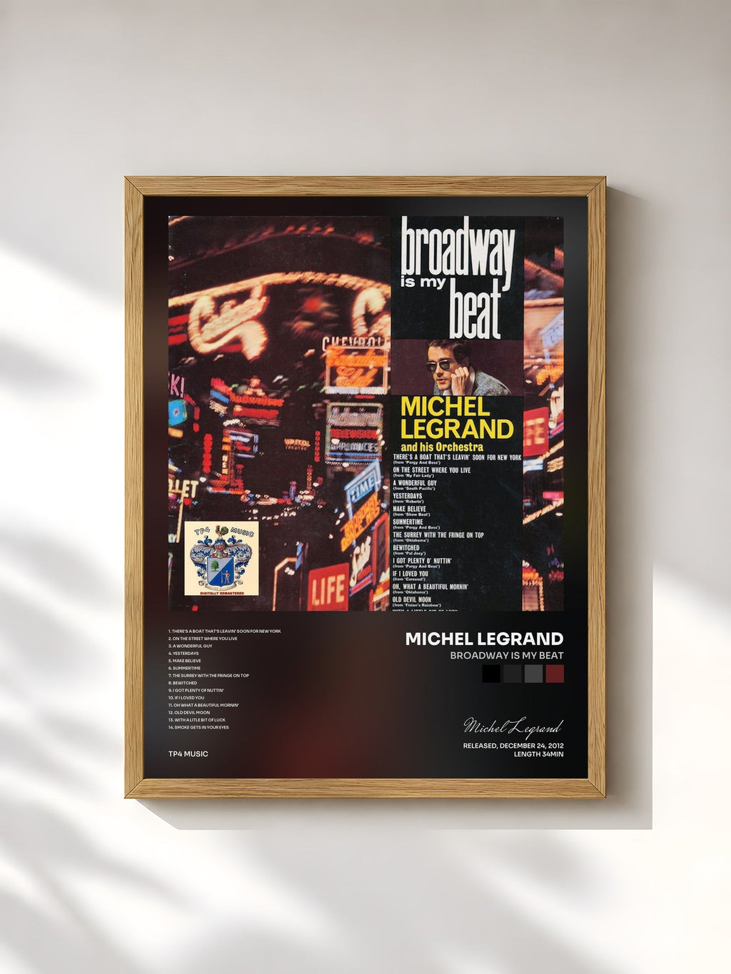 #bois Tableau de l'album Broadway Is My Beat de Michel Legrand, cadre en bois brut, imprimé et encadré en France