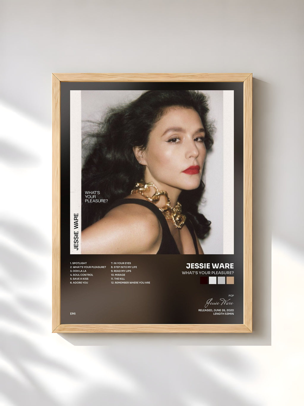 #bois Tableau de l'album What's Your Pleasure? de Jessie Ware, cadre en bois brut, imprimé et encadré en France