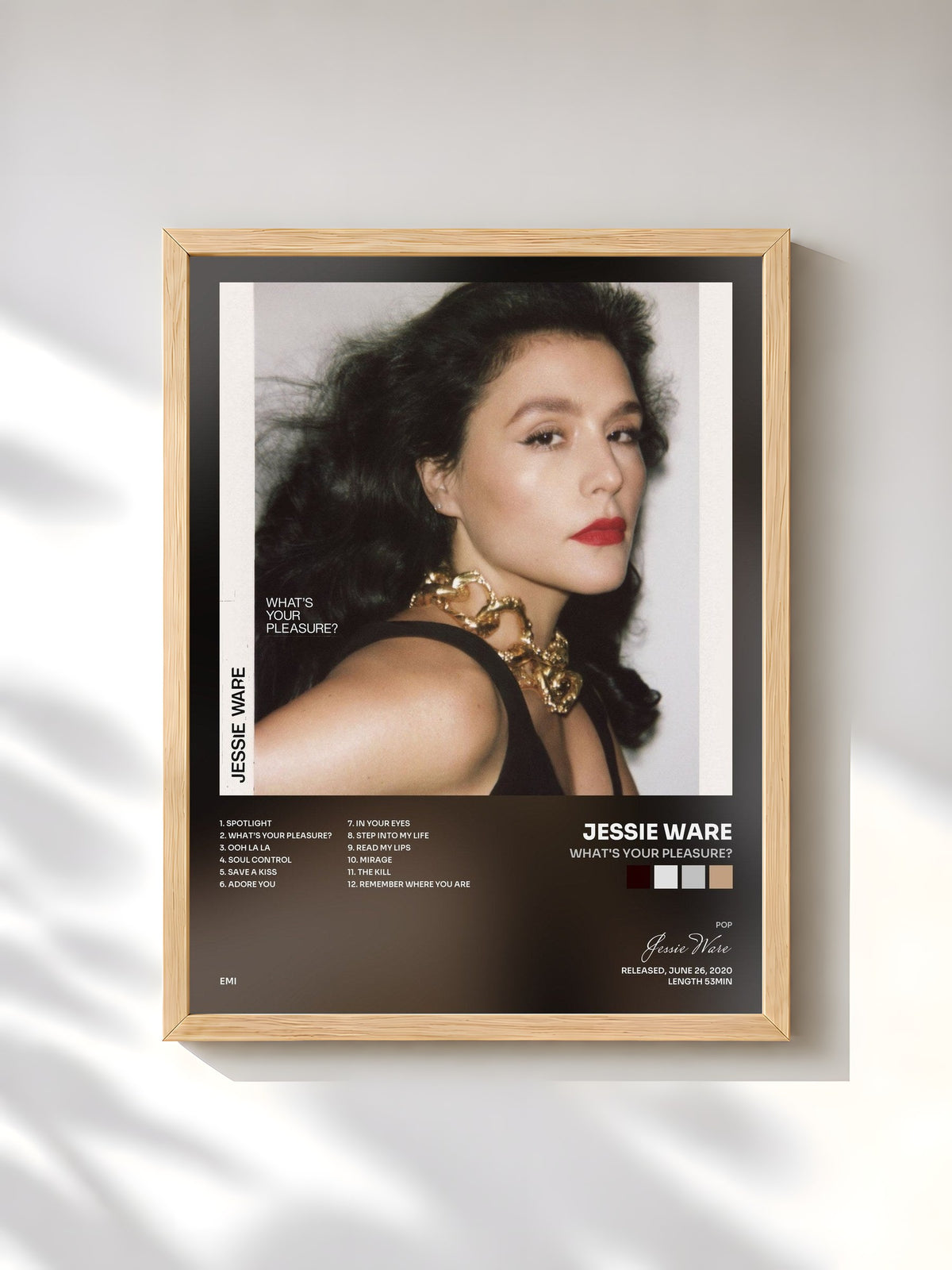 #bois Tableau de l'album What's Your Pleasure? de Jessie Ware, cadre en bois brut, imprimé et encadré en France