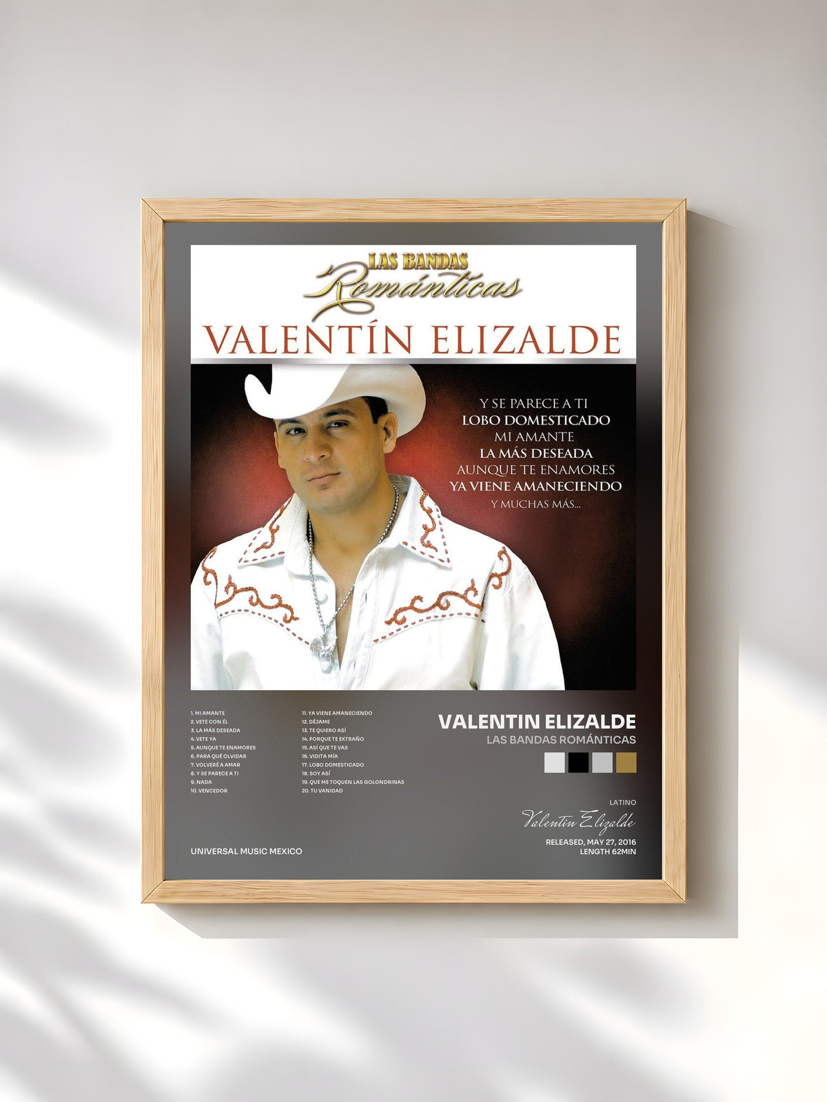 #bois Tableau de l'album Las Bandas Románticas de Valentin Elizalde, cadre en bois brut, imprimé et encadré en France