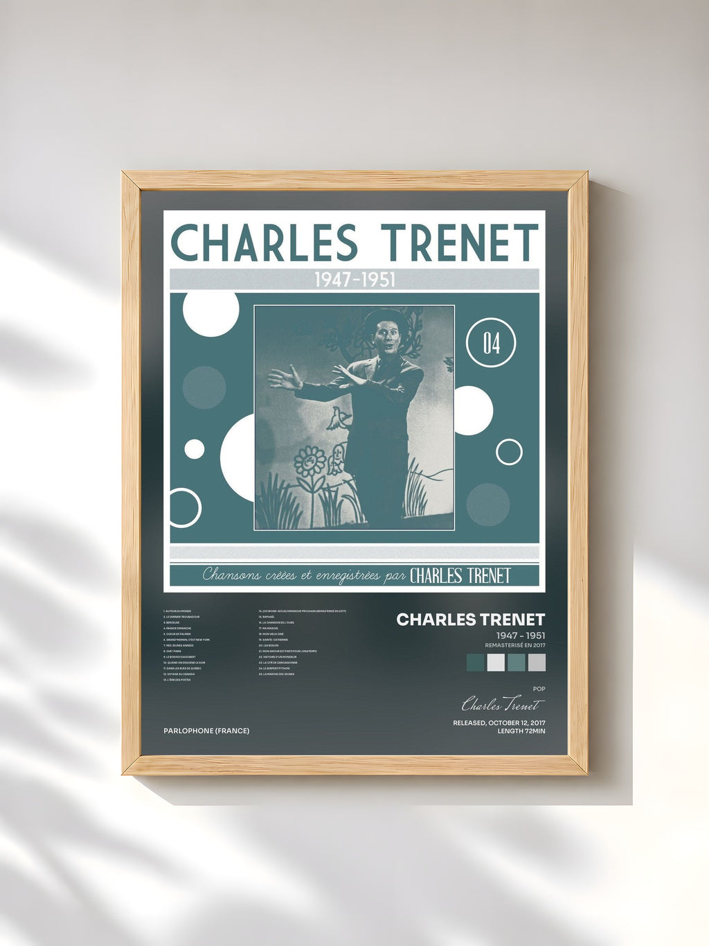 #bois Tableau de l'album 1947 - 1951 (Remasterisé en 2017) de Charles Trenet, cadre en bois brut, imprimé et encadré en France