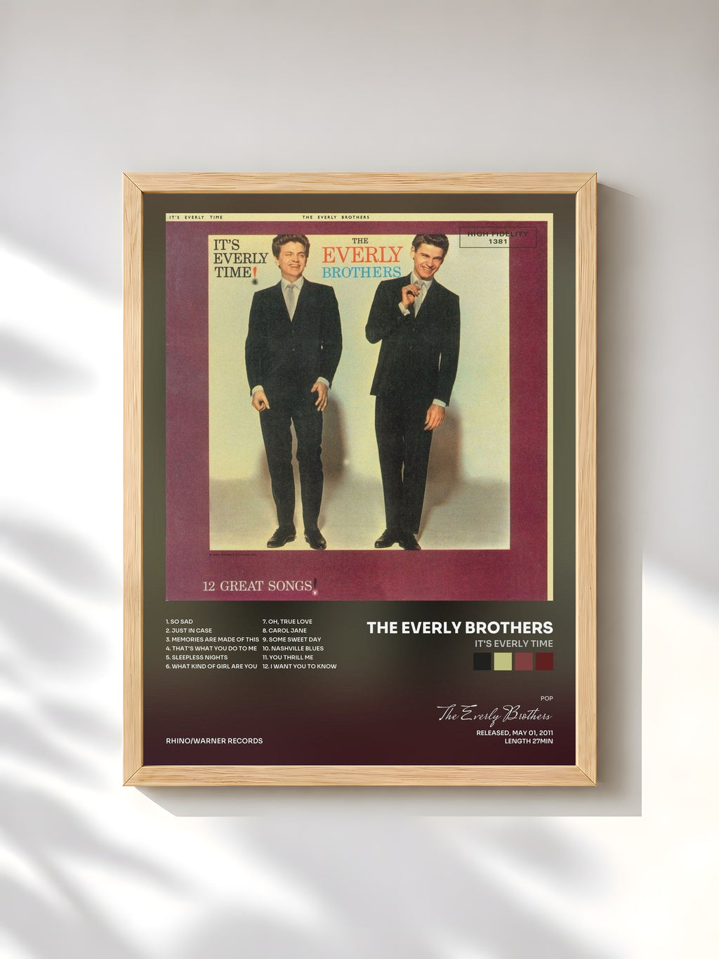 #bois Tableau de l'album It's Everly Time de The Everly Brothers, cadre en bois brut, imprimé et encadré en France