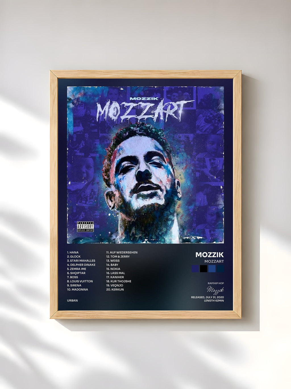 #bois Tableau de l'album MOZZART de Mozzik, cadre en bois brut, imprimé et encadré en France