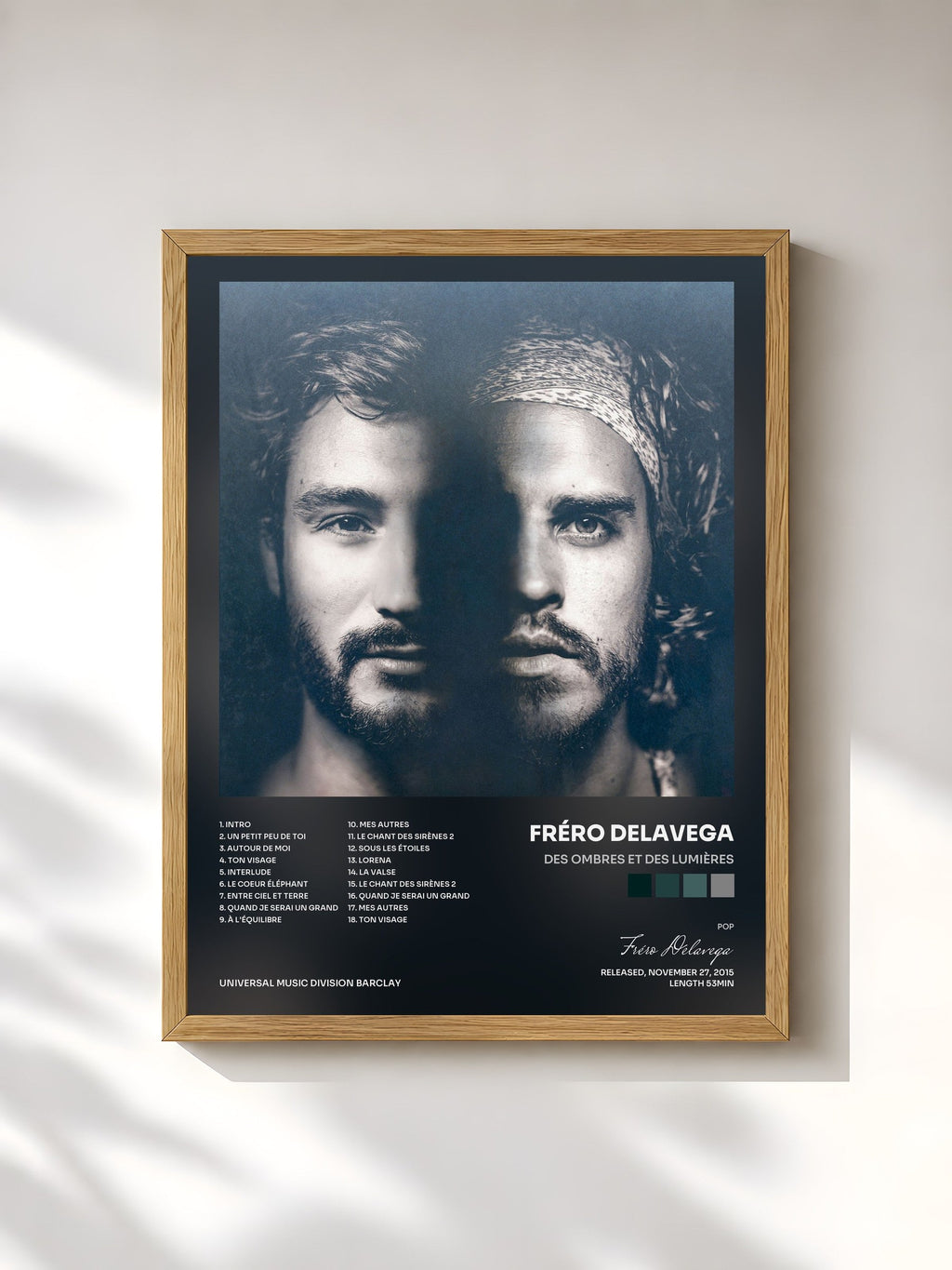 #bois Tableau de l'album Des ombres et des lumières de Fréro Delavega, cadre en bois brut, imprimé et encadré en France