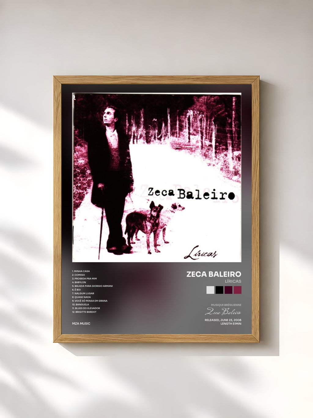 #bois Tableau de l'album Líricas de Zeca Baleiro, cadre en bois brut, imprimé et encadré en France