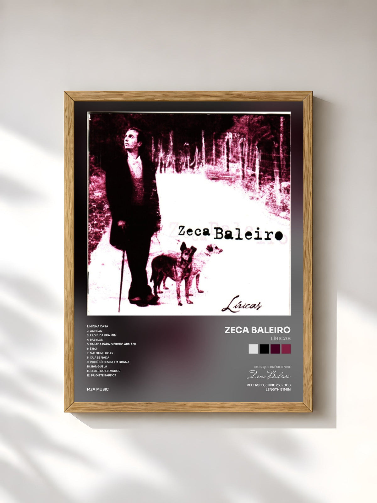 #bois Tableau de l'album Líricas de Zeca Baleiro, cadre en bois brut, imprimé et encadré en France