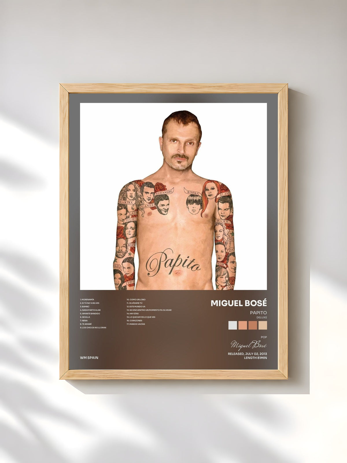 #bois Tableau de l'album Papito (Deluxe) de Miguel Bosé, cadre en bois brut, imprimé et encadré en France