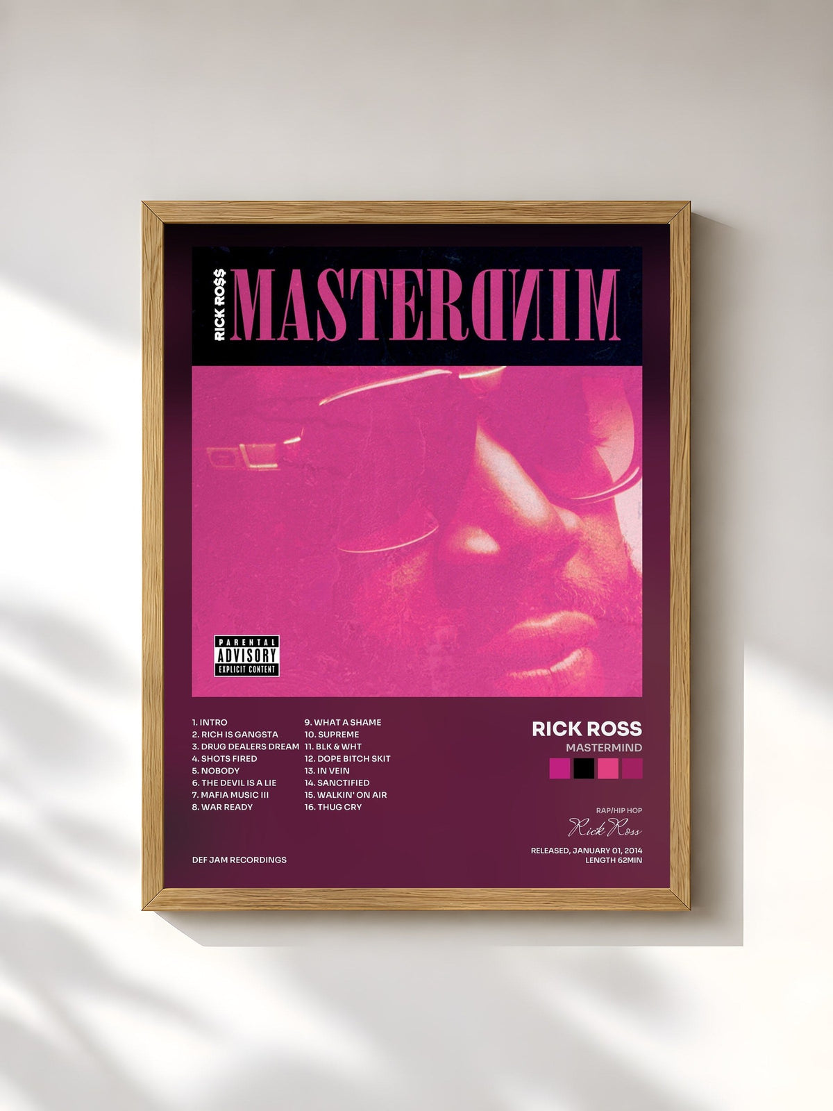 #bois Tableau de l'album Mastermind de Rick Ross, cadre en bois brut, imprimé et encadré en France