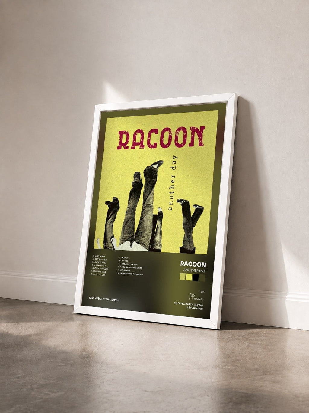 #blanc Tableau de l'album Another Day de Racoon vu de trois quarts, cadre blanc