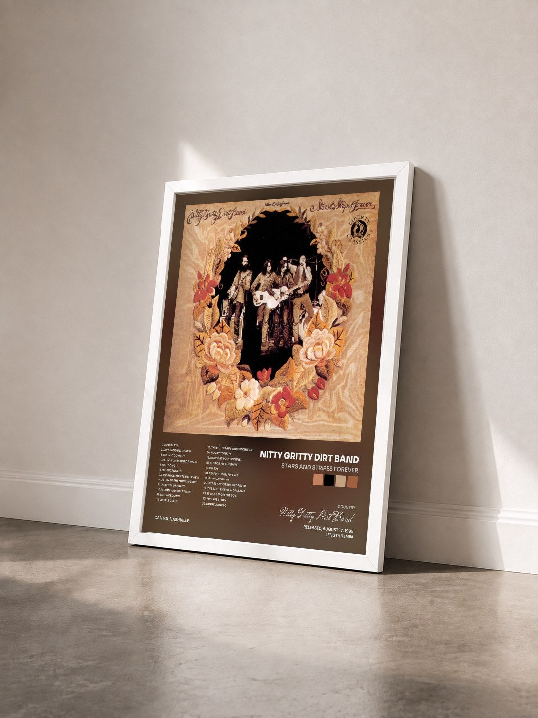#blanc Tableau de l'album Stars And Stripes Forever de Nitty Gritty Dirt Band vu de trois quarts, cadre blanc