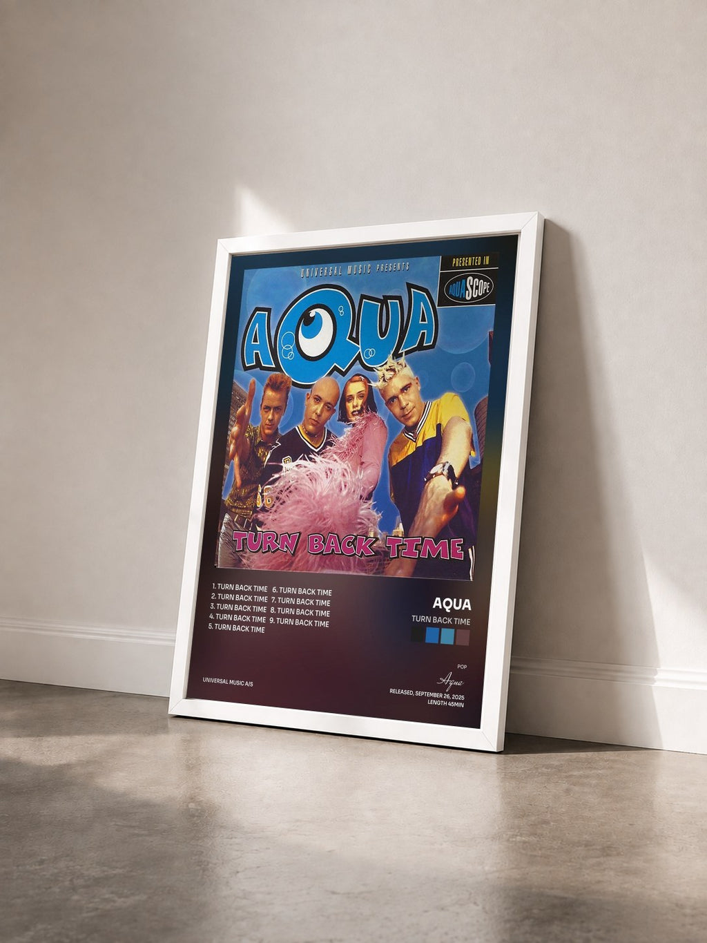 #blanc Tableau de l'album Turn Back Time de Aqua vu de trois quarts, cadre blanc