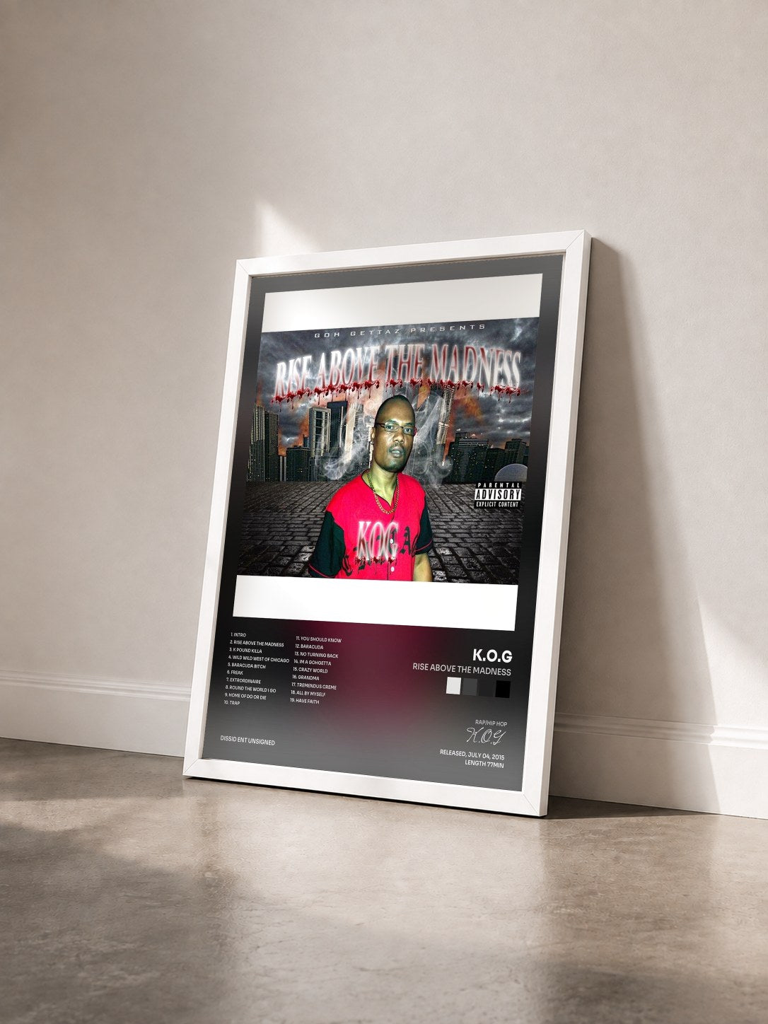 #blanc Tableau de l'album Rise Above the Madness de K.O.G vu de trois quarts, cadre blanc