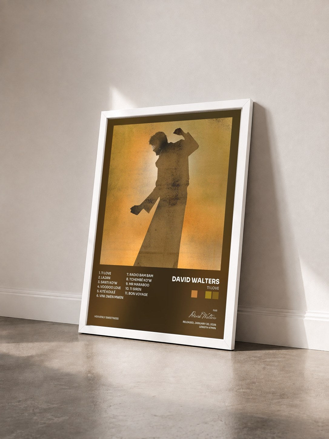 #blanc Tableau de l'album Ti Love de David Walters vu de trois quarts, cadre blanc