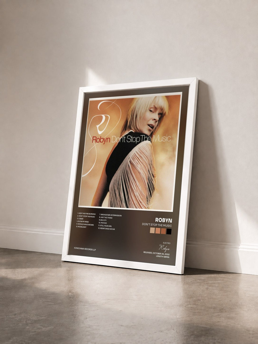 #blanc Tableau de l'album Don't Stop the Music de Robyn vu de trois quarts, cadre blanc