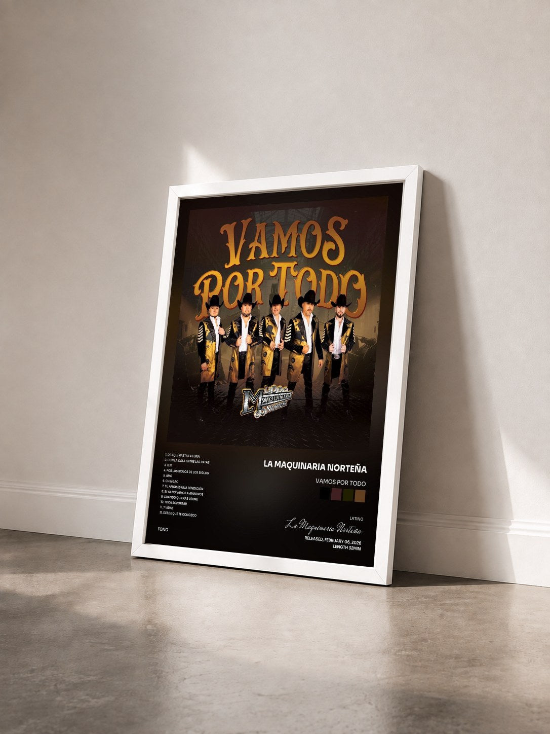 #blanc Tableau de l'album Vamos Por Todo de La Maquinaria Norteña vu de trois quarts, cadre blanc