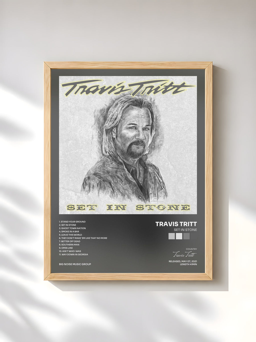 #bois Tableau de l'album Set In Stone de Travis Tritt, cadre en bois brut, imprimé et encadré en France