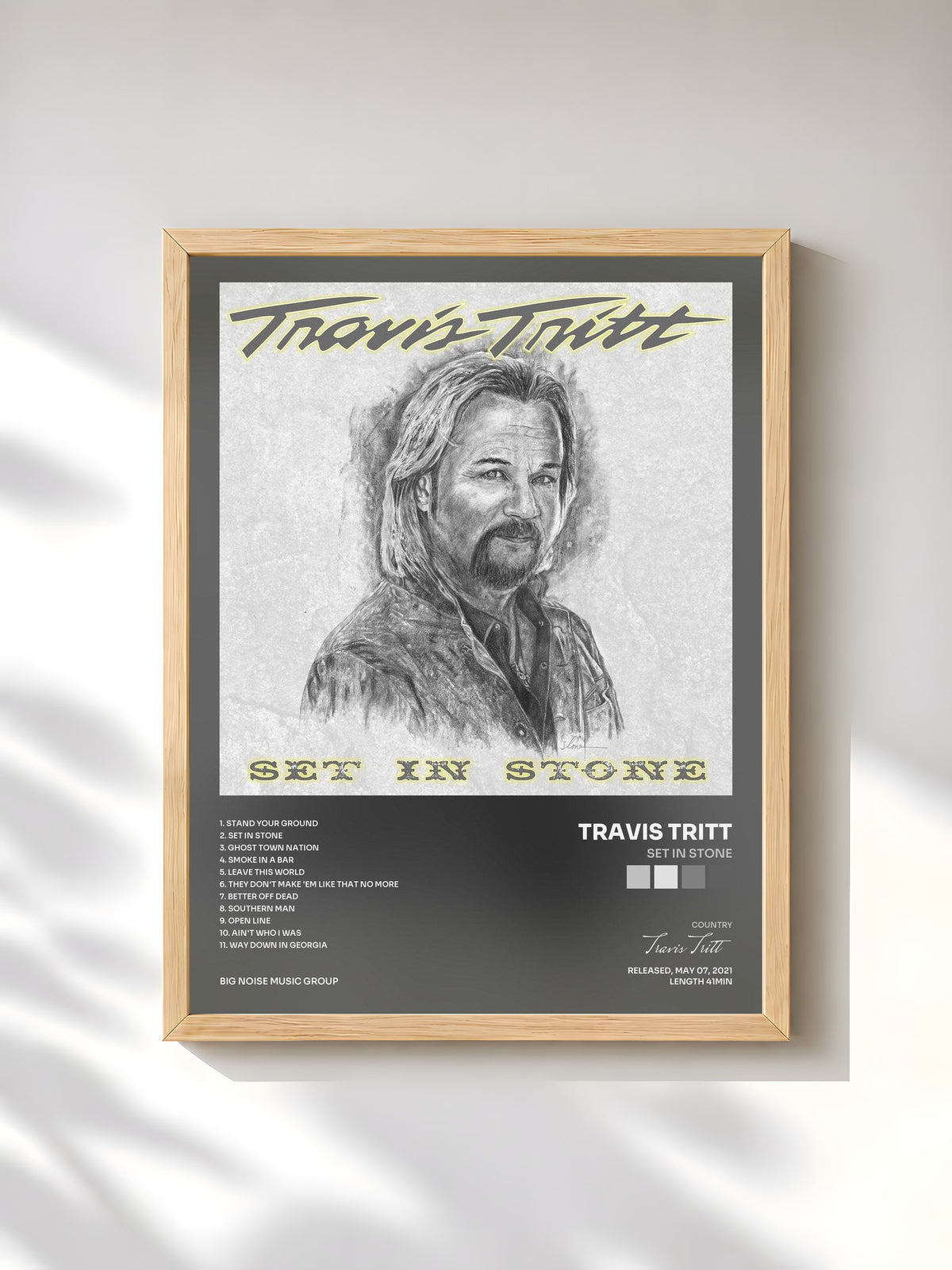 #bois Tableau de l'album Set In Stone de Travis Tritt, cadre en bois brut, imprimé et encadré en France