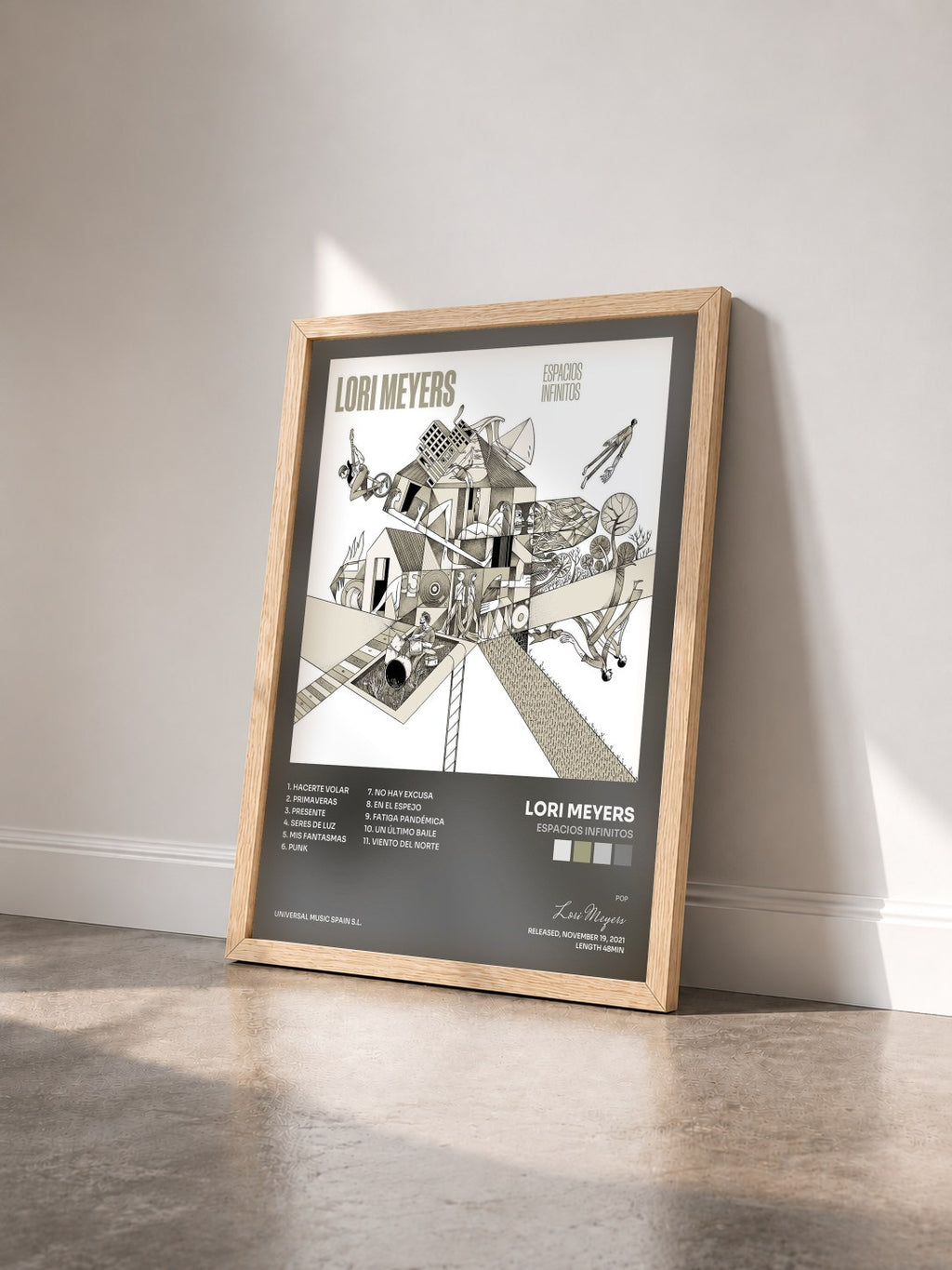 #bois Tableau de l'album Espacios Infinitos de Lori Meyers vu de trois quarts, cadre en bois brut