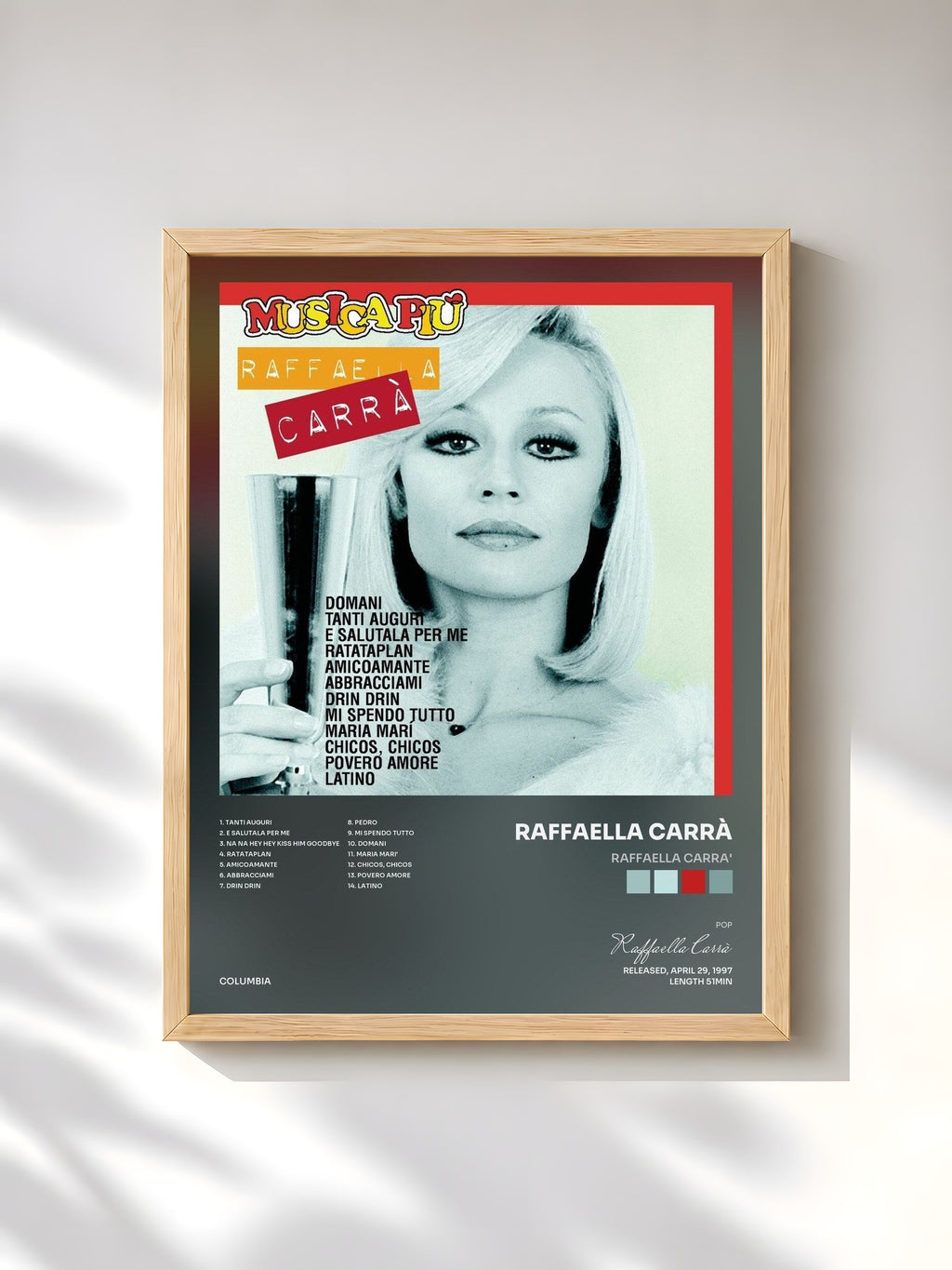 #bois Tableau de l'album Raffaella Carra' de Raffaella Carrà, cadre en bois brut, imprimé et encadré en France