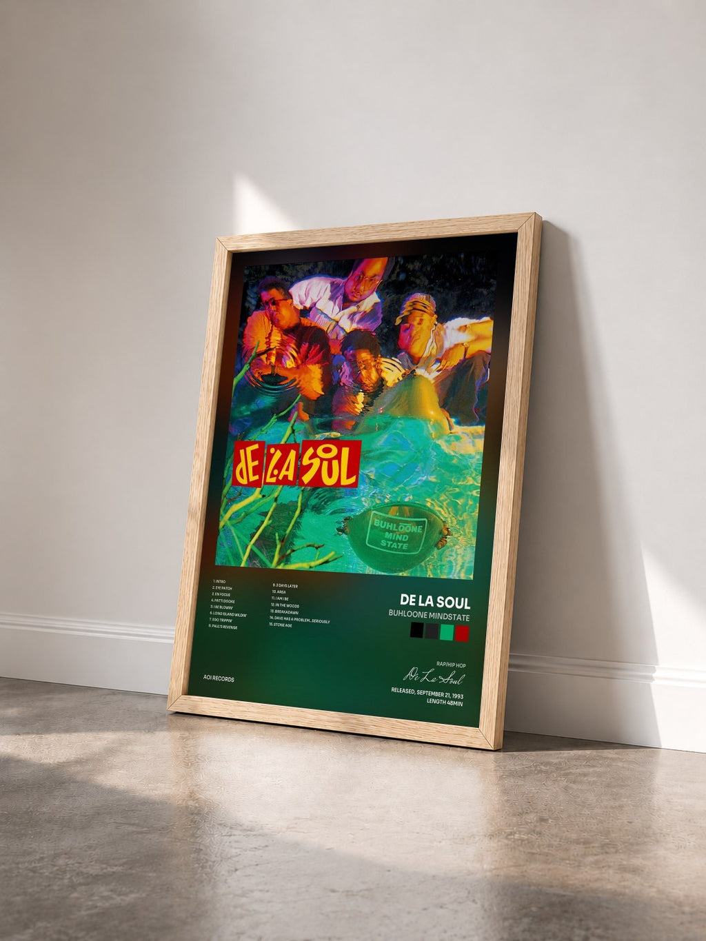 #bois Tableau de l'album Buhloone Mindstate de De La Soul vu de trois quarts, cadre en bois brut