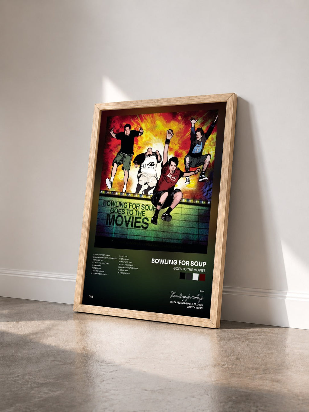 #bois Tableau de l'album Goes To The Movies de Bowling for Soup vu de trois quarts, cadre en bois brut