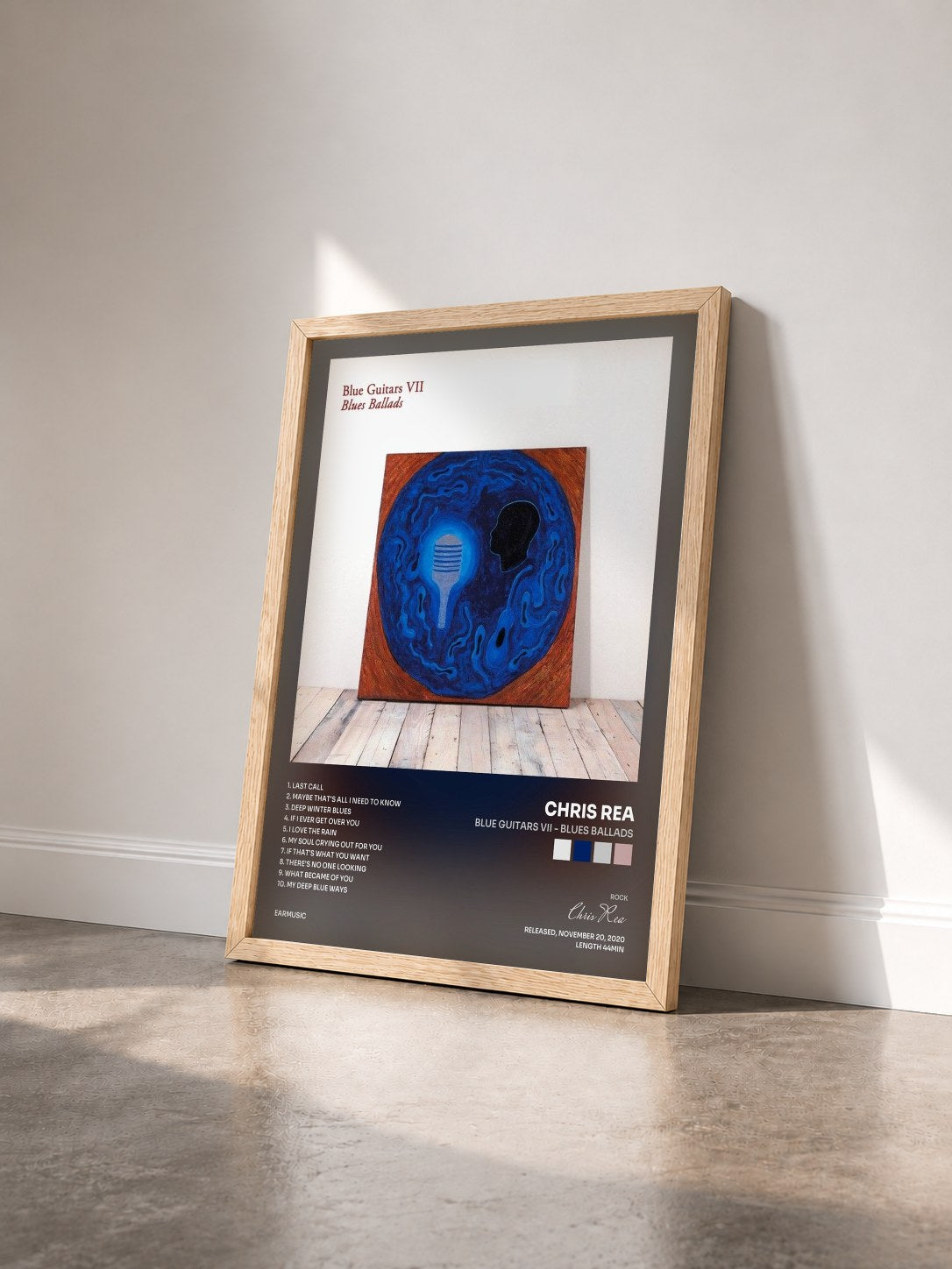 #bois Tableau de l'album Blue Guitars VII - Blues Ballads de Chris Rea vu de trois quarts, cadre en bois brut